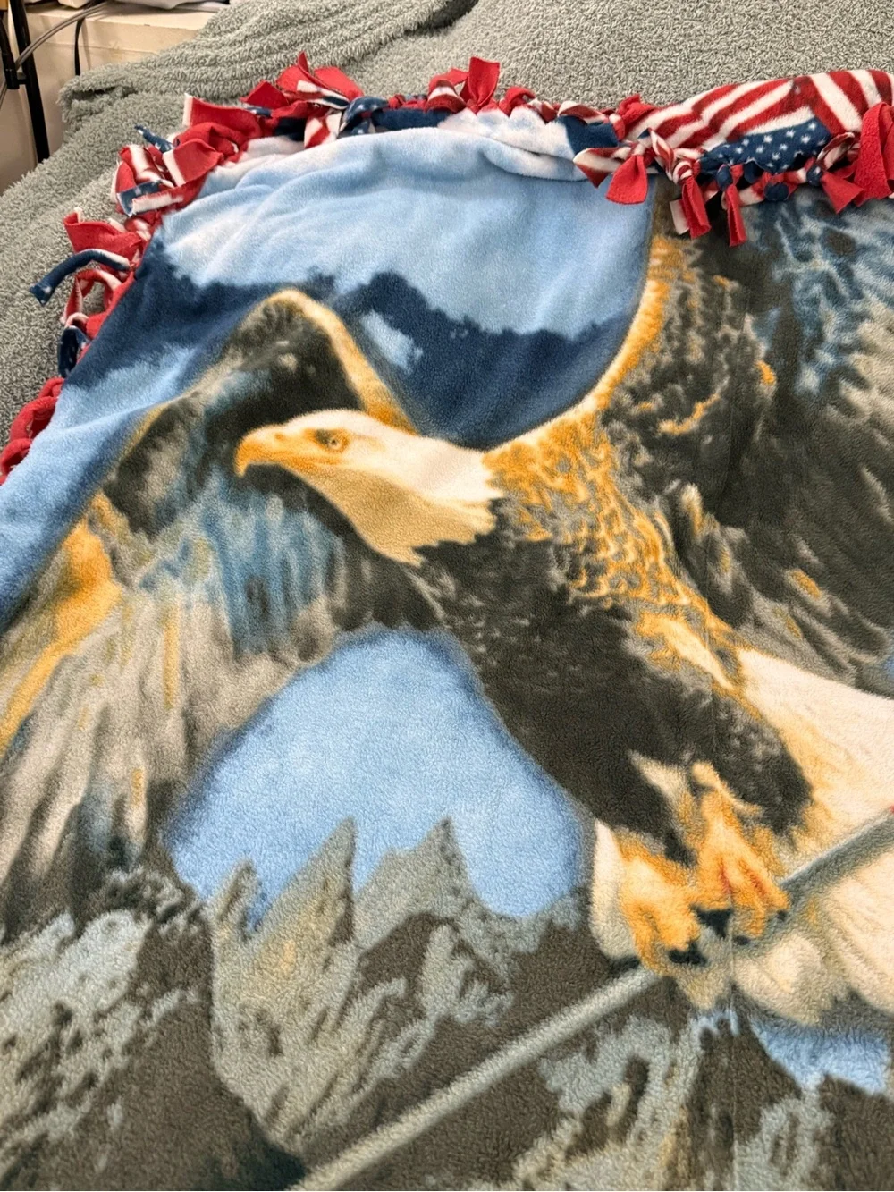 Patriotic Themed & Bald Eagle Flying Reversible 55” X 67” Fleece Tied Blanket